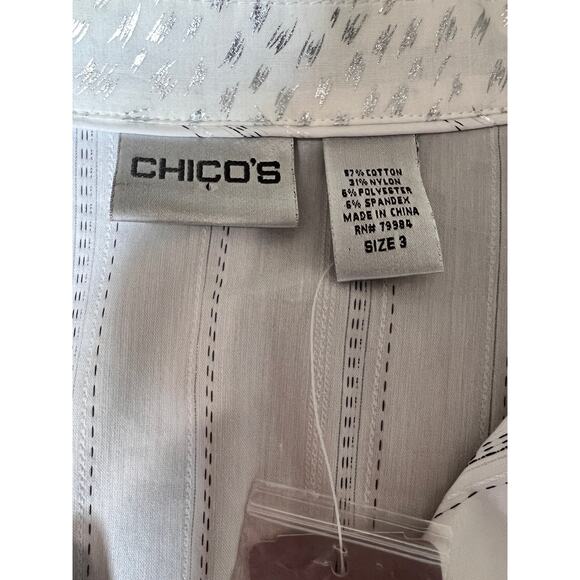 Chico's size 3 blouse white silver stripe button-up office atire evenings dressy - Picture 3 of 8